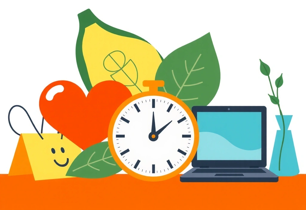 Ilustrație a unor simboluri de beneficii: inimă, frunză, ceas, laptop