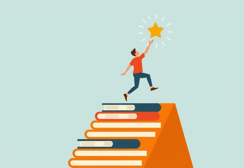 Ilustrație a unei persoane care urcă pe o scară de cărți, simbolizând învățarea