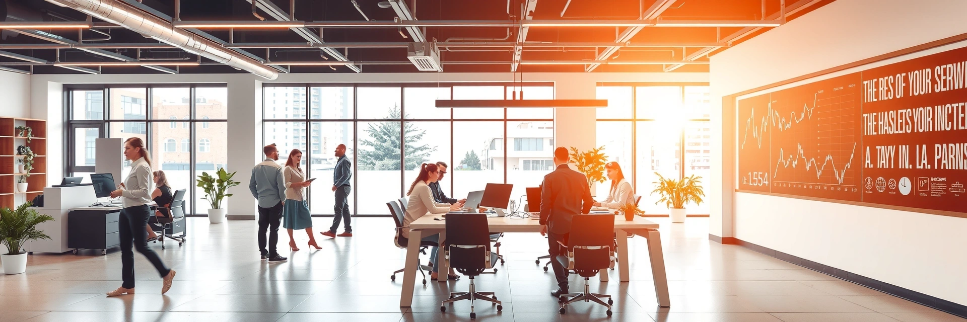 Imagine abstractă reprezentând un mediu de lucru modern și colaborativ