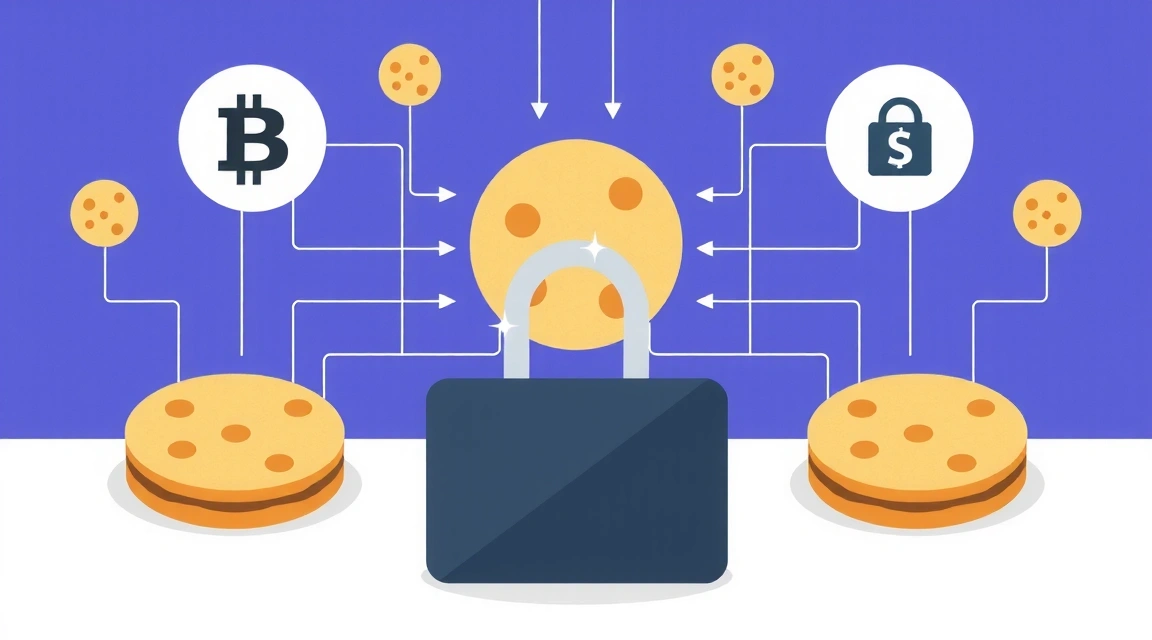 Ilustrație abstractă cu simboluri de cookie-uri și confidențialitate digitală, reprezentând securitatea datelor și navigarea pe internet.