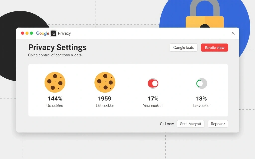Ilustrație a unui panou de control pentru setările de confidențialitate cu opțiuni de activare/dezactivare a cookie-urilor, reprezentând controlul utilizatorului asupra datelor.