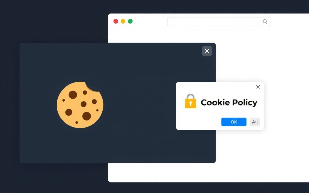 Reprezentare vizuală a unui browser web cu o notificare pop-up despre cookie-uri și un simbol de securitate digitală, ilustrând interacțiunea utilizatorului cu politica de cookie-uri.
