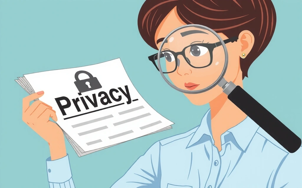 Ilustrație cu o persoană care examinează documente de confidențialitate cu o lupă.