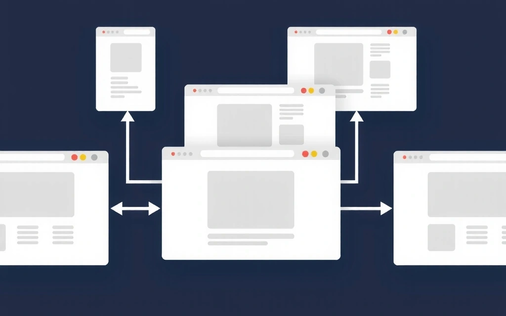 Ilustrație a unei rețele de site-uri web interconectate, cu săgeți indicând linkurile externe.