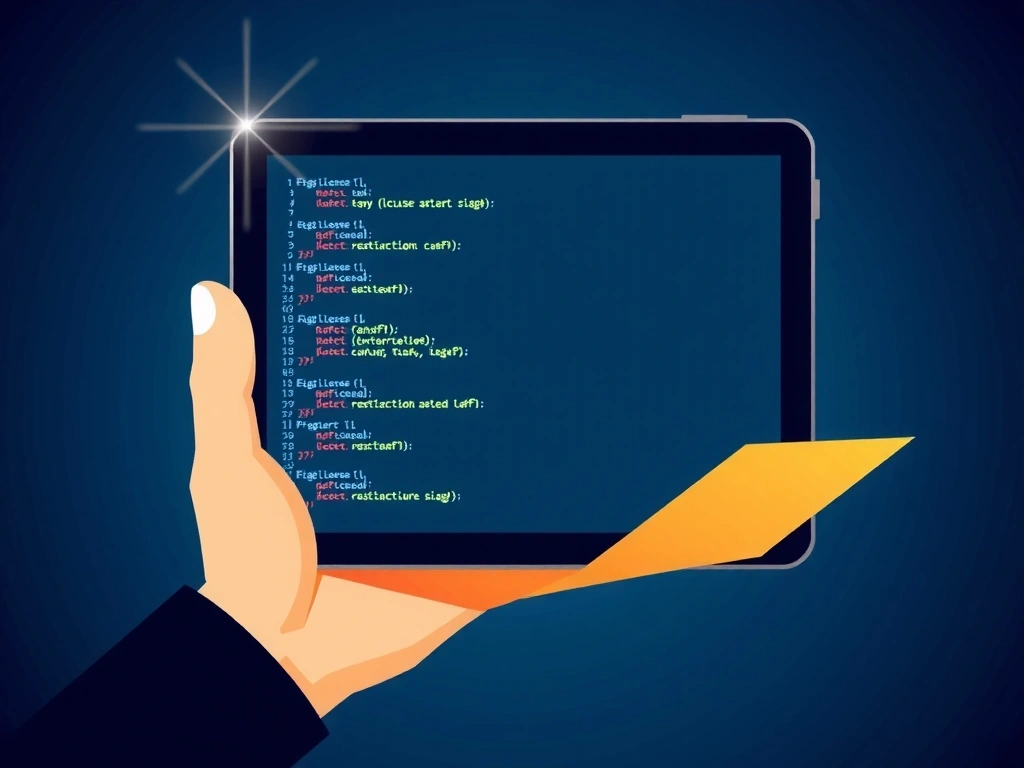 Mână stilizată ținând o tabletă cu un ecran care afișează cod de programare, simbolizând licența de utilizare și restricțiile digitale.