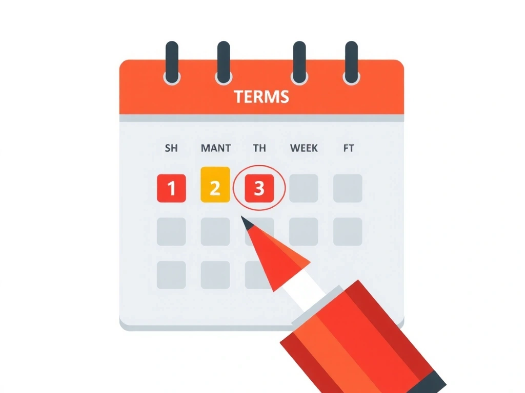 Un calendar stilizat cu un marker pe o dată, simbolizând actualizările și revizuirile termenilor.